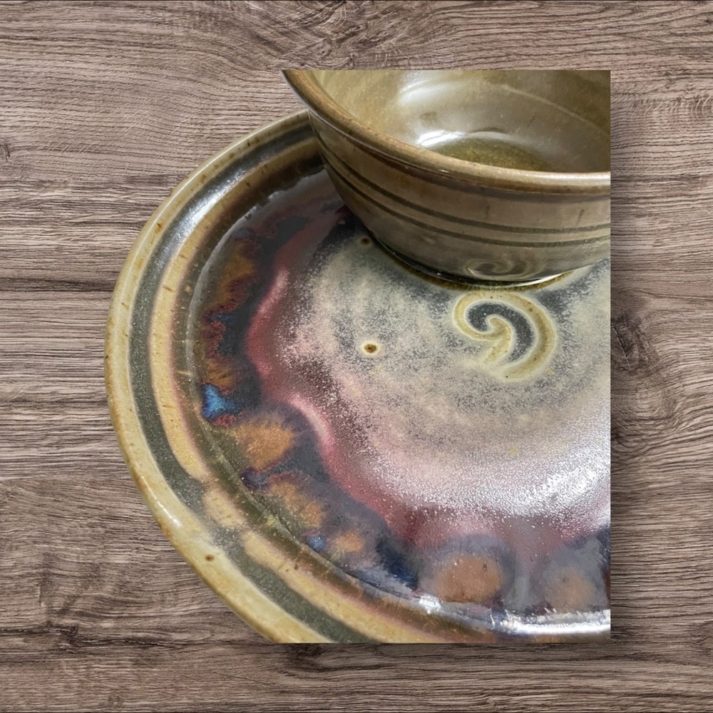 Nichols Pottery chip and dip bowl platter combination. Handmade. Artist singed - Picture 5 of 11